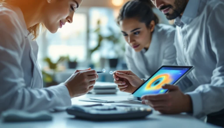 Opticien ajustant une lentille rigide pour kératocône, patient marocain et assistante asiatique avec tablette cornéenne
