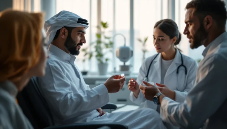 Adaptation de lentilles sclérales en clinique : équipe multiculturelle installe une lentille, geste précis et ambiance chaleureuse.