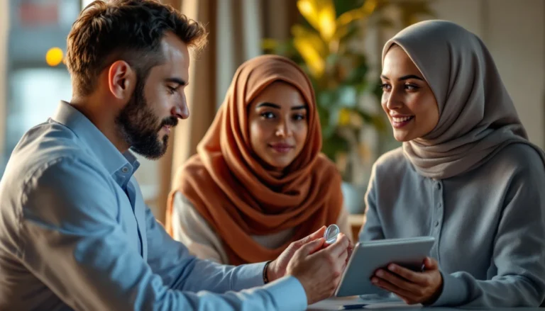 Opticien montrant une lentille rigide à un patient marocain, assistante asiatique avec tablette, ambiance clinique chaleureuse