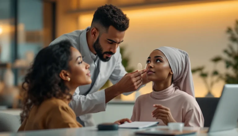 Opticien ajustant une lentille sclérale à un patient marocain, équipe mixte européenne et asiatique en clinique moderne