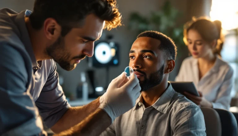 Opticien ajustant une lentille sclérale à un patient marocain, assistante asiatique avec tablette, ambiance clinique chaleureuse.