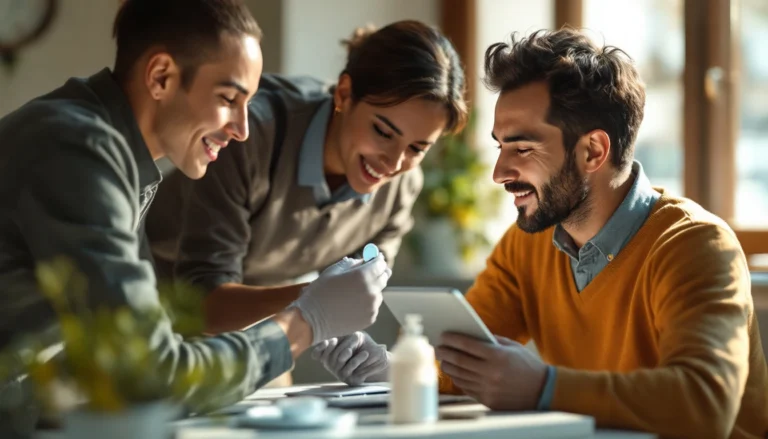 Opticienne ajuste une lentille rigide perméable aux gaz sur un patient, équipe multiculturelle en clinique moderne, séance d'adaptation