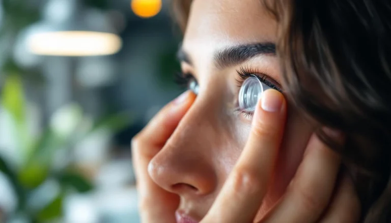 Personne ajoutant une lentille sclérale confortable et hydratante à son œil dans un environnement moderne.