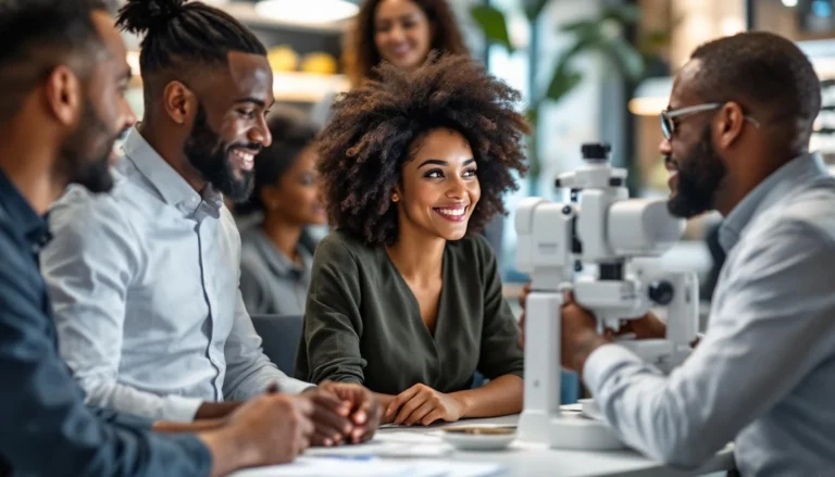 Des personnes d'origine européenne, asiatique et marocaine dans une optique moderne participant au processus d'adaptation des lentilles sclérales.