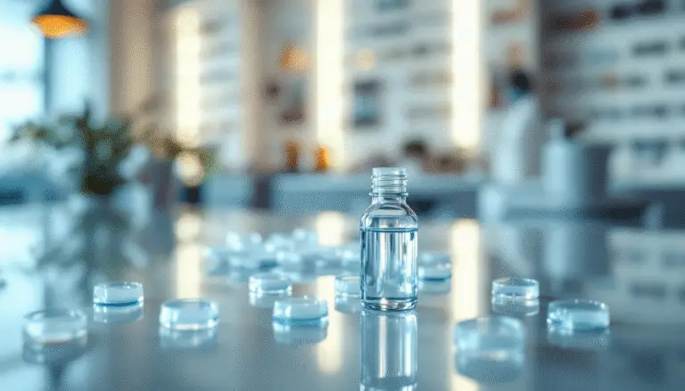 Lentilles de contact et solution d’entretien présentées en boutique d’optique à Fès.