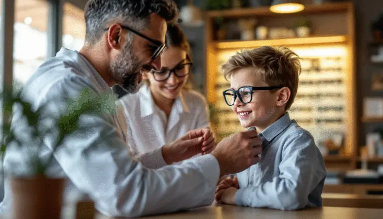 Opticien à Fès conseillant une mère européenne et son enfant asiatique sur le choix de lunettes pour enfants solides et protégées contre les UV.