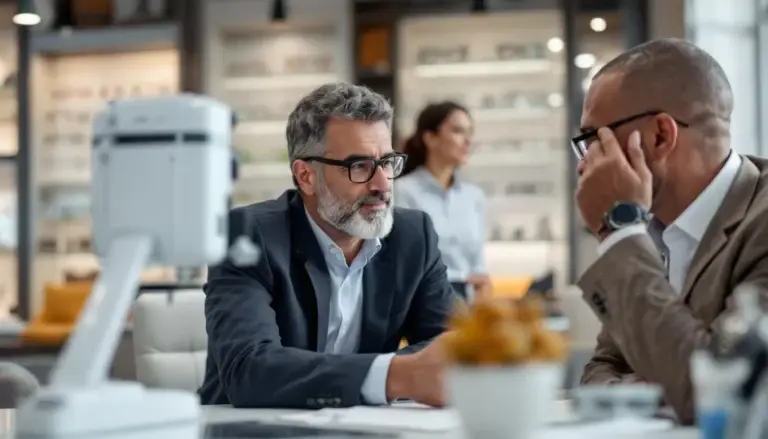 Opticien marocain conseillant un patient européen souffrant de maux de tête liés aux lunettes dans une boutique d'optique à Fès. Femme asiatique regardant différents montures en arrière-plan.