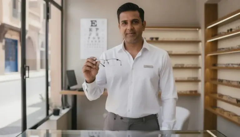 Opticien à Fès tenant des lunettes légers en titane avec un design 2025.