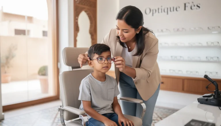 Maman asiatique aidant son enfant à essayer des lunettes chez un opticien à Fès