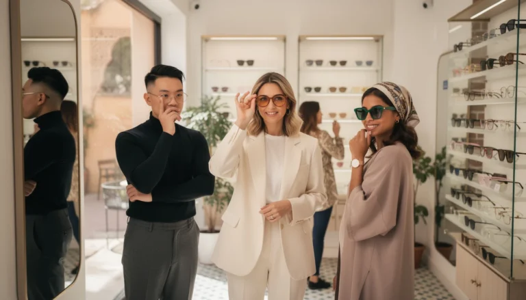 Personnes élégantes essayant les montures tendances 2025 dans un magasin d'optique à Fès